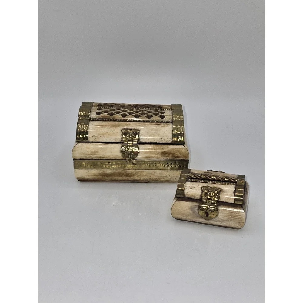 Vintage Camel Bone Brass‎ Jewelry Casket Set Velvet Lined Pair
